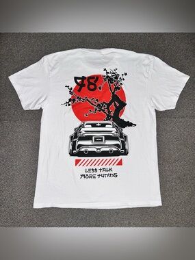 Y2K Nissan 350z White Graphic JDM Car Tee with Red Sun and Bonsai